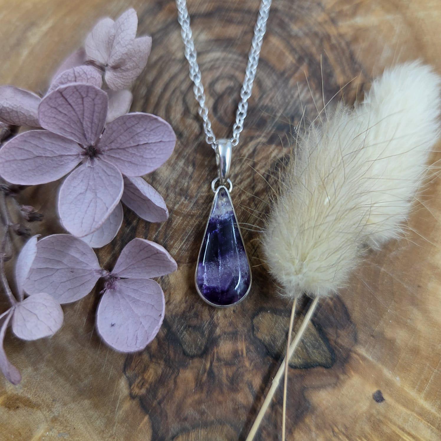 Teardrop Blue John Pendant: Sterling Silver Derbyshire Fluorite Necklace Jones Stones