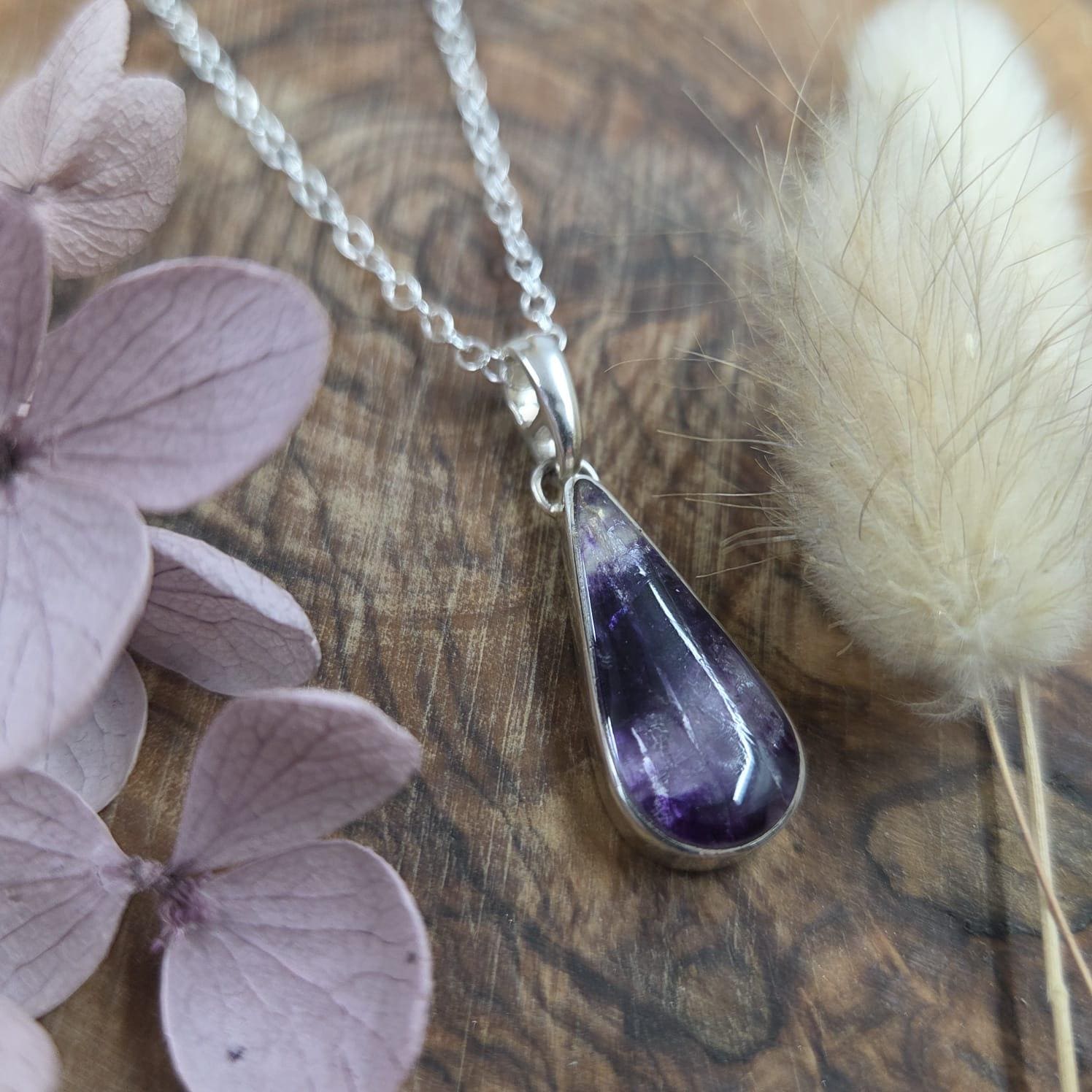 Teardrop Blue John Pendant: Sterling Silver Derbyshire Fluorite Necklace Jones Stones