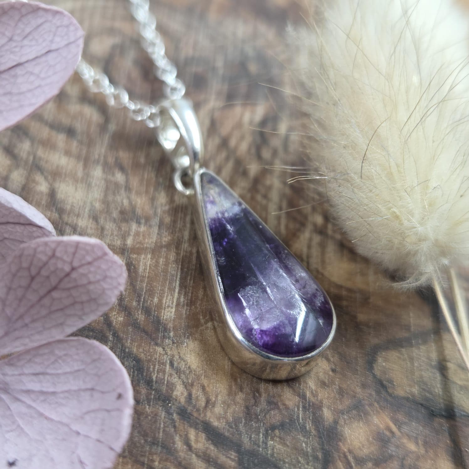 Teardrop Blue John Pendant: Sterling Silver Derbyshire Fluorite Necklace Jones Stones