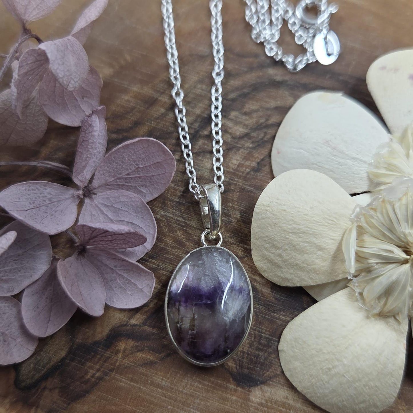 Blue John Pendant: Oval Sterling Silver Necklace, Derbyshire Spar Jones Stones