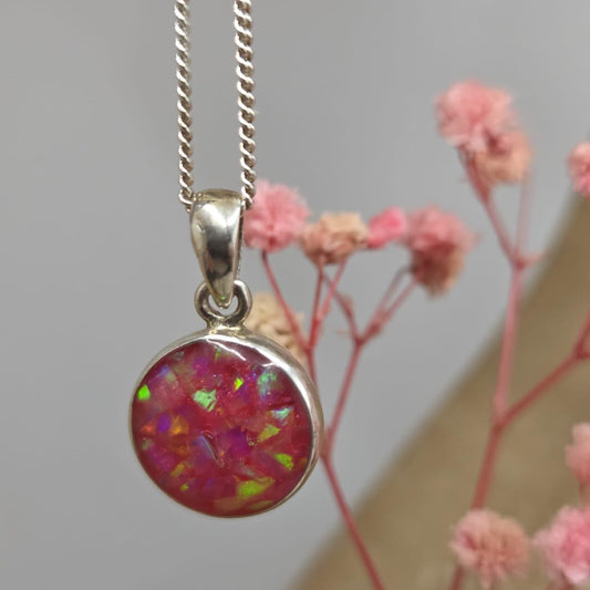 Crushed Welo Opal Pendant: Sterling Silver & Resin Round Necklace Jones Stones