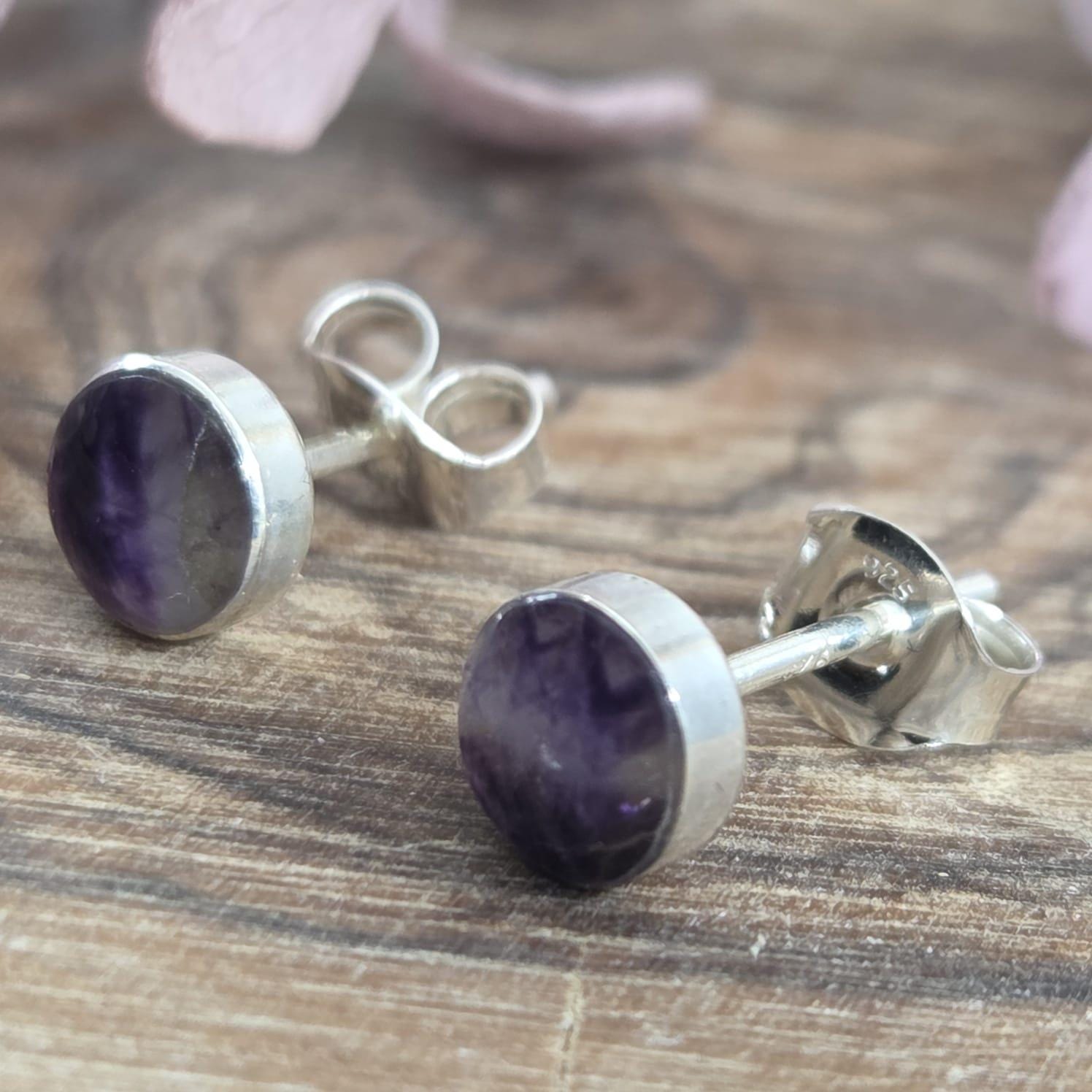 Blue John Stud Earrings: Sterling Silver, Derbyshire Spar (5mm) Jones Stones