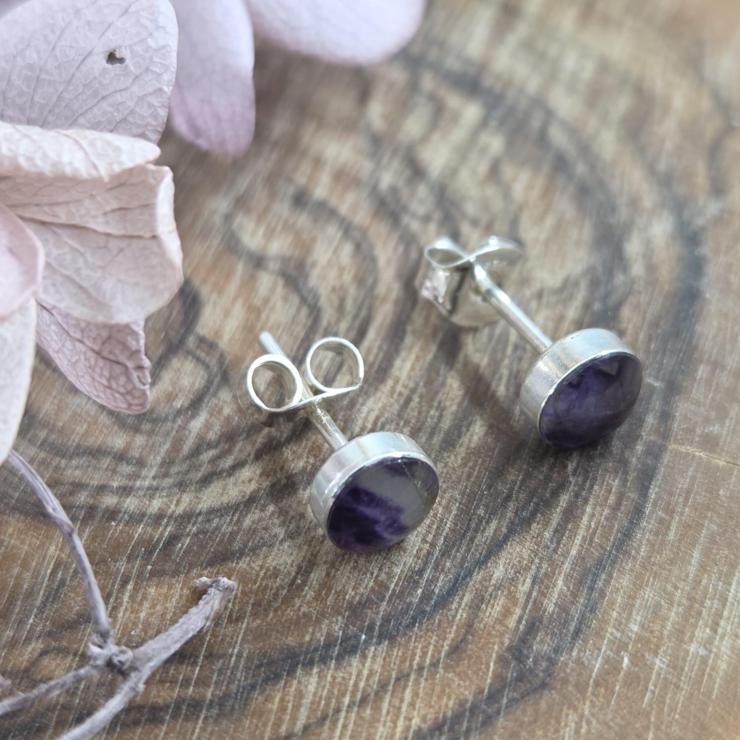 Blue John Stud Earrings: Sterling Silver, Derbyshire Spar (5mm) Jones Stones