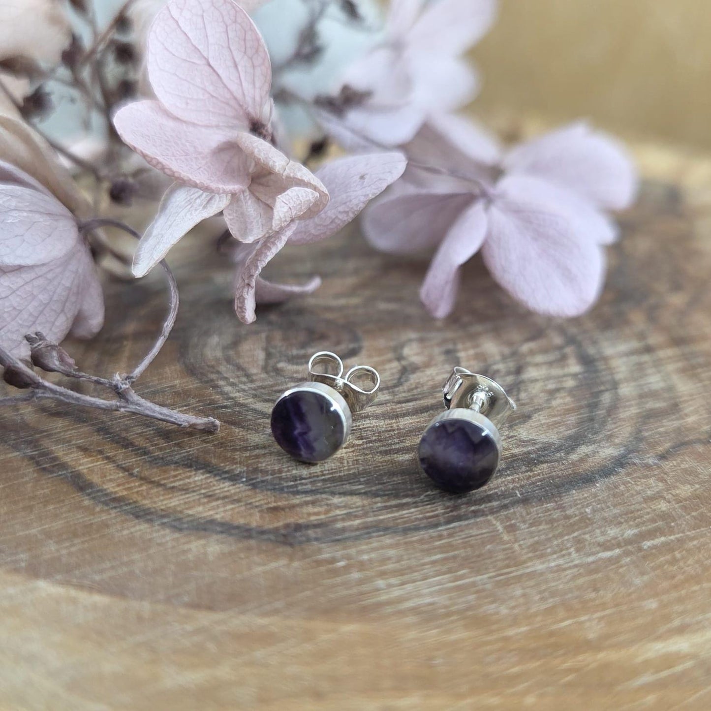 Blue John Stud Earrings: Sterling Silver, Derbyshire Spar (5mm) Jones Stones