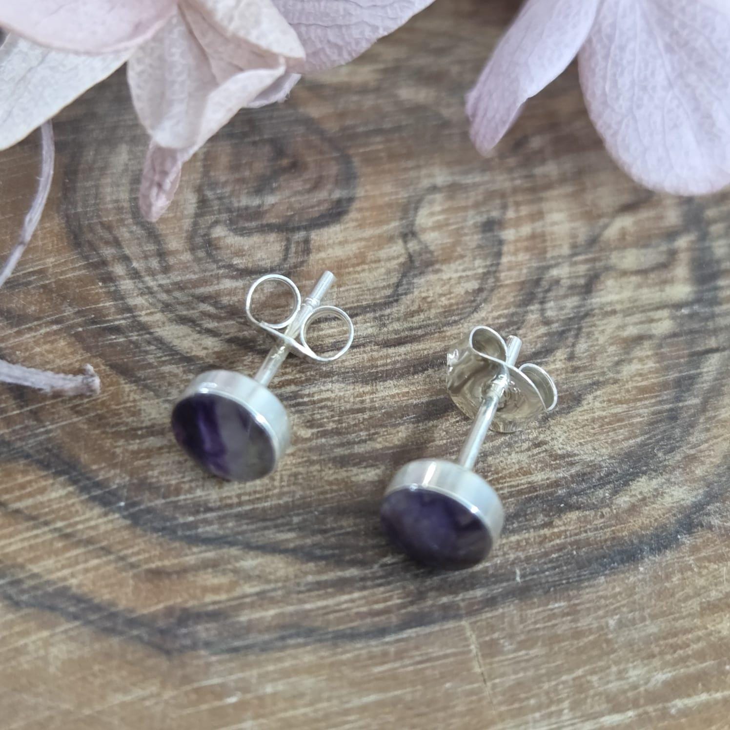 Blue John Stud Earrings: Sterling Silver, Derbyshire Spar (5mm) Jones Stones