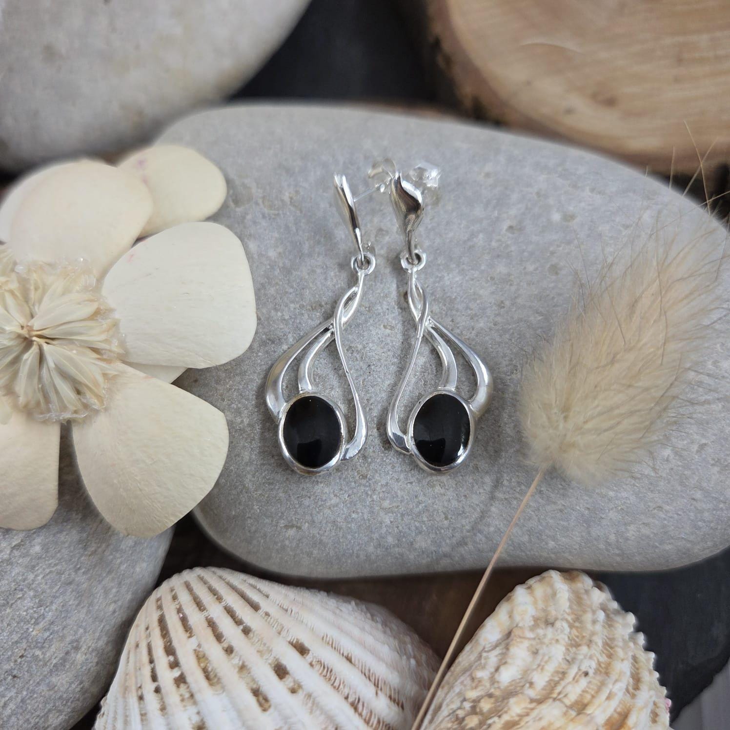 Handmade Whitby Jet Sterling Silver Drop Earrings Jones Stones