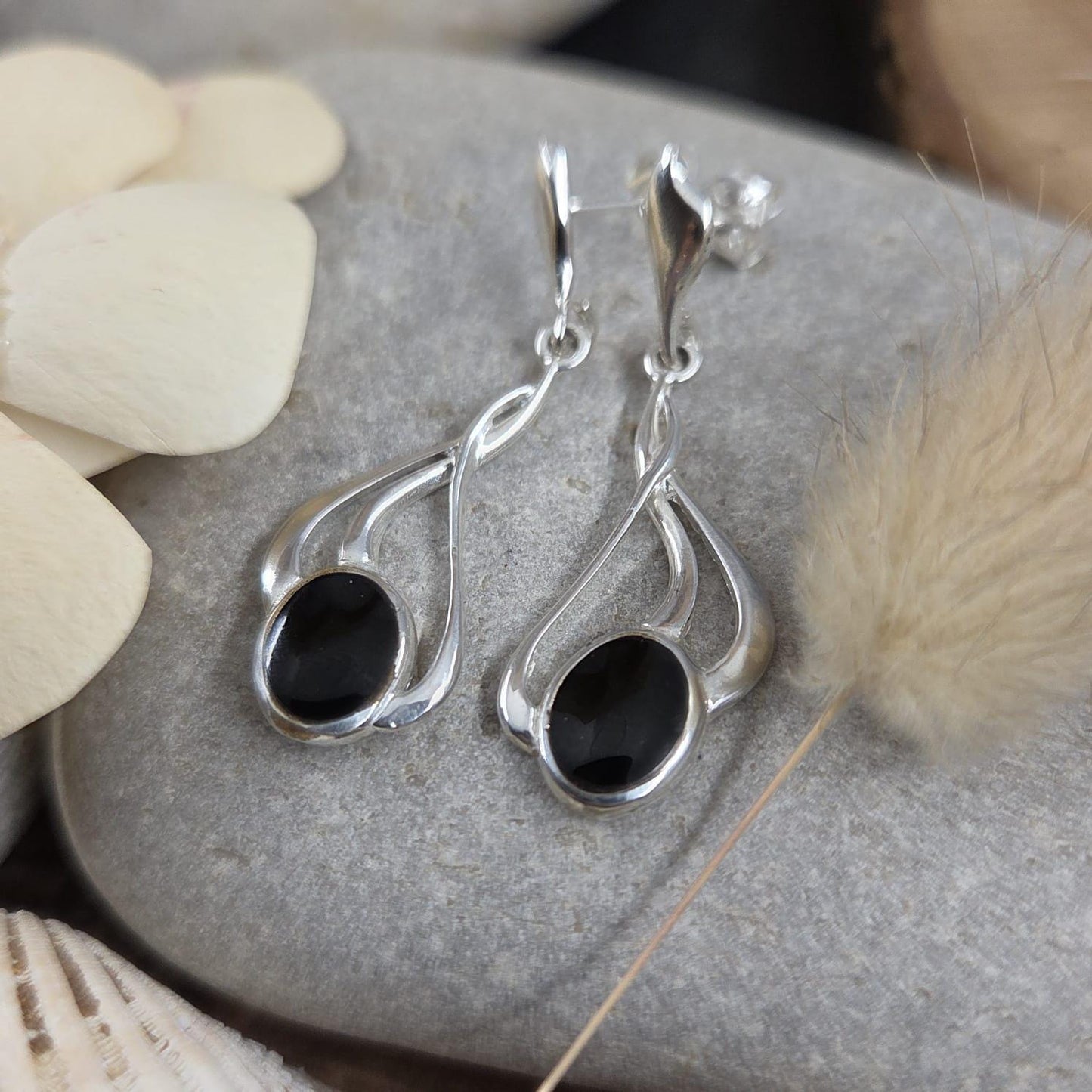Handmade Whitby Jet Sterling Silver Drop Earrings Jones Stones