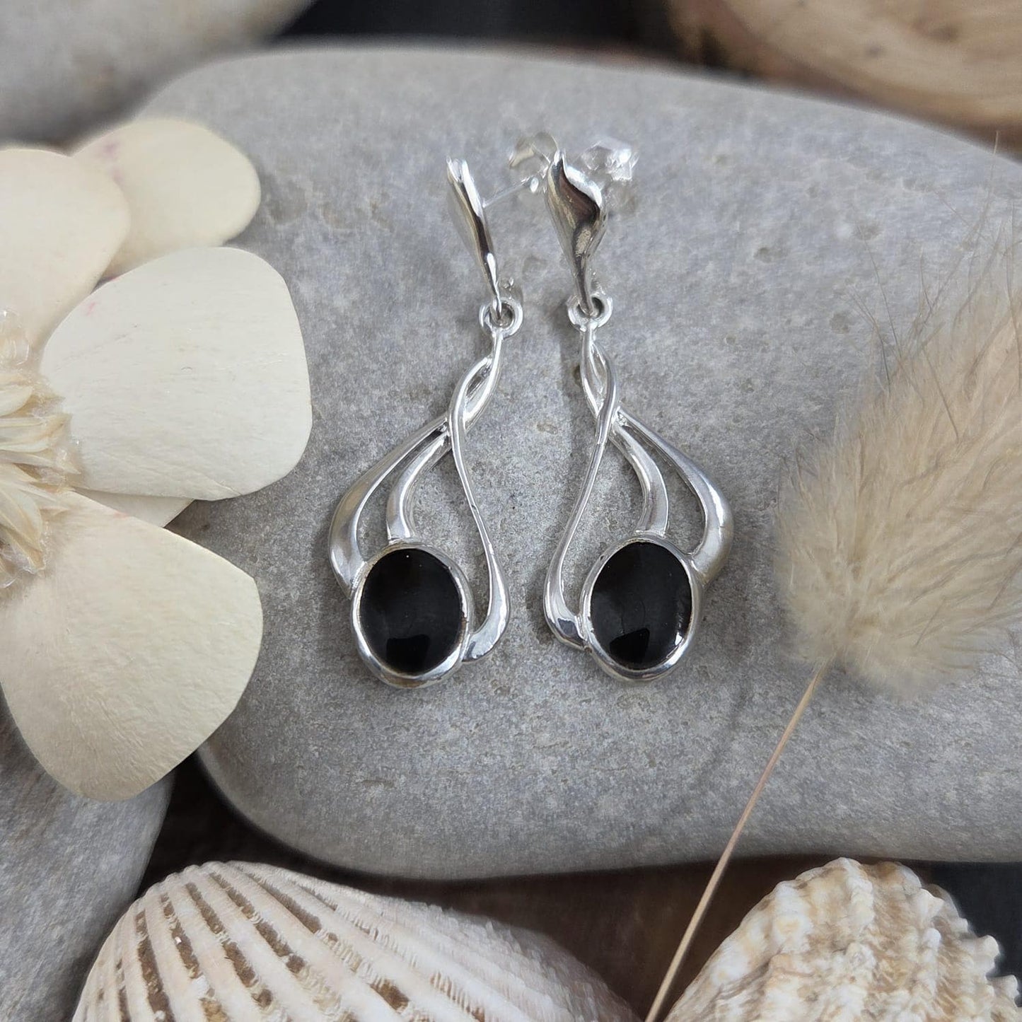Handmade Whitby Jet Sterling Silver Drop Earrings Jones Stones