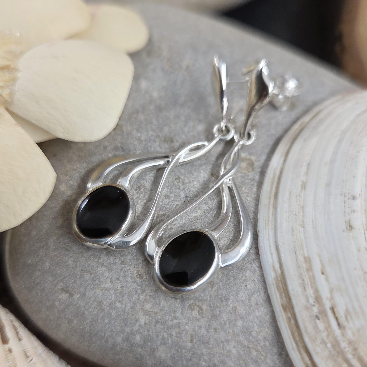 Handmade Whitby Jet Sterling Silver Drop Earrings Jones Stones