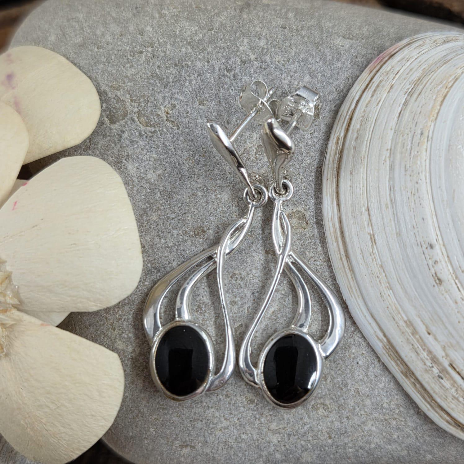 Handmade Whitby Jet Sterling Silver Drop Earrings Jones Stones