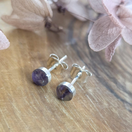 Blue John Stud Earrings: Handmade Sterling Silver Derbyshire Spar Jones Stones
