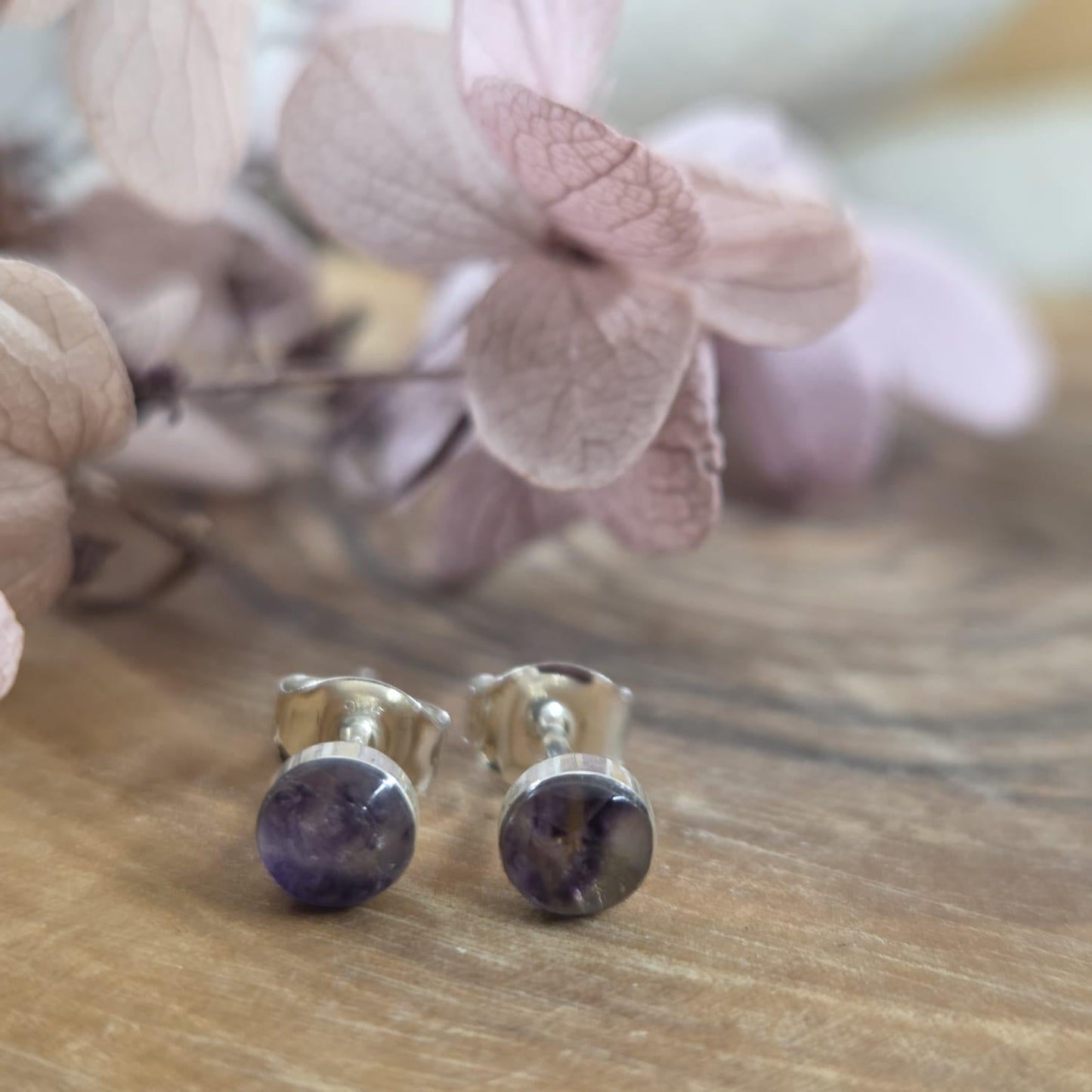 Blue John Stud Earrings: Handmade Sterling Silver Derbyshire Spar Jones Stones