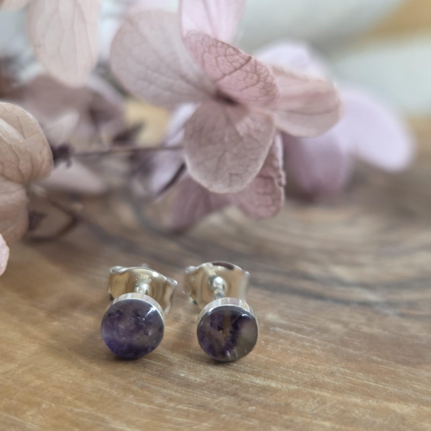 Blue John Stud Earrings: Handmade Sterling Silver Derbyshire Spar Jones Stones
