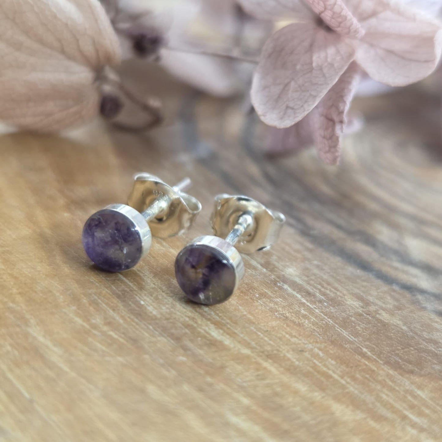 Blue John Stud Earrings: Handmade Sterling Silver Derbyshire Spar Jones Stones