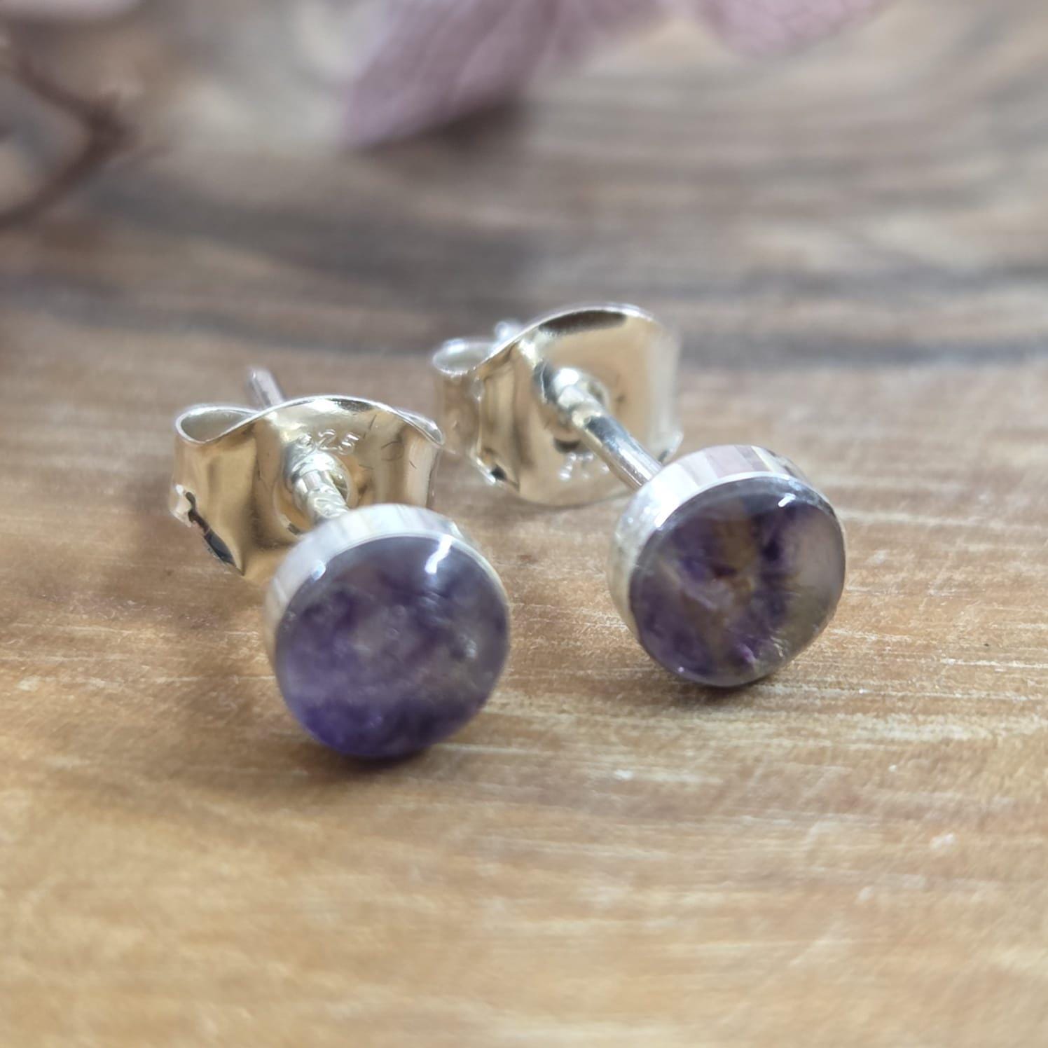 Blue John Stud Earrings: Handmade Sterling Silver Derbyshire Spar Jones Stones