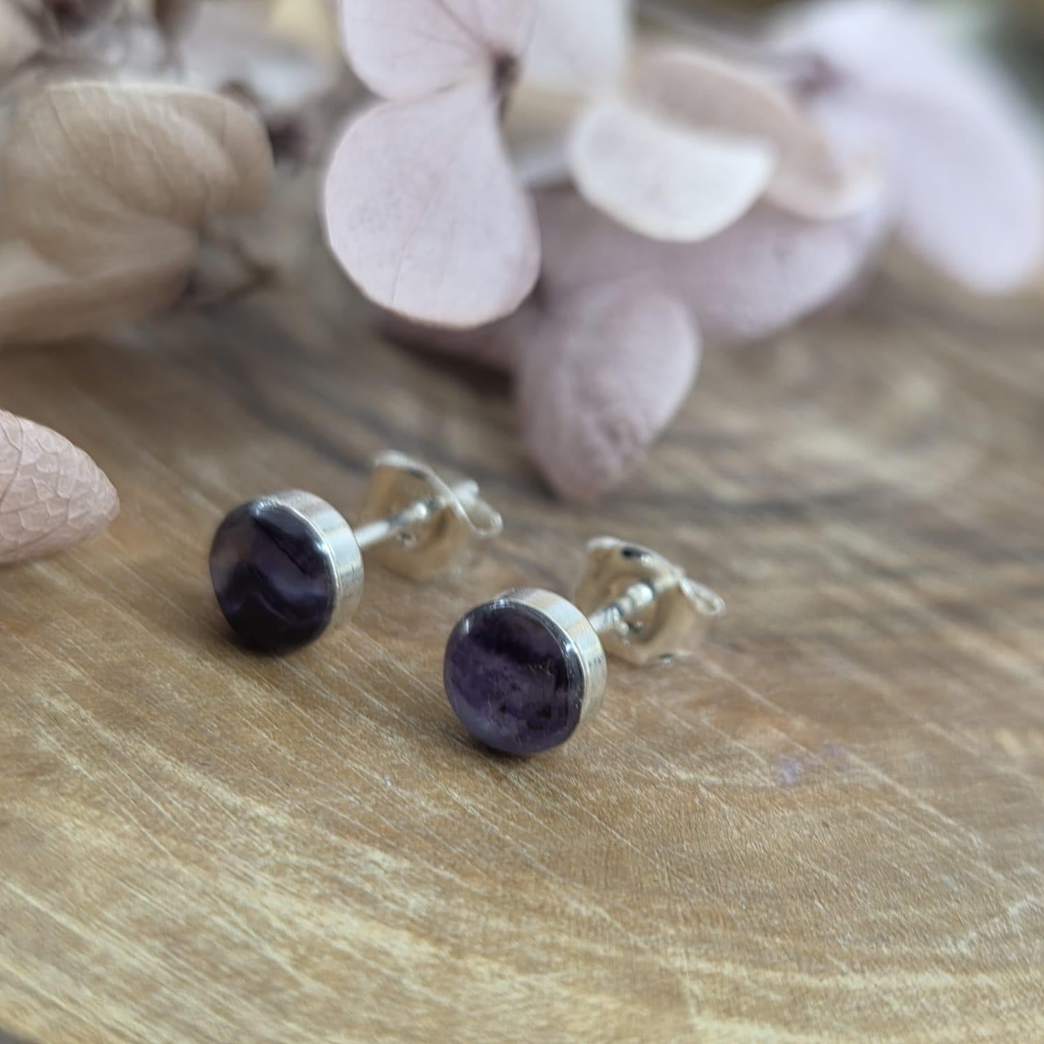 Blue John Stud Earrings: Handmade Sterling Silver Derbyshire Spar Jones Stones