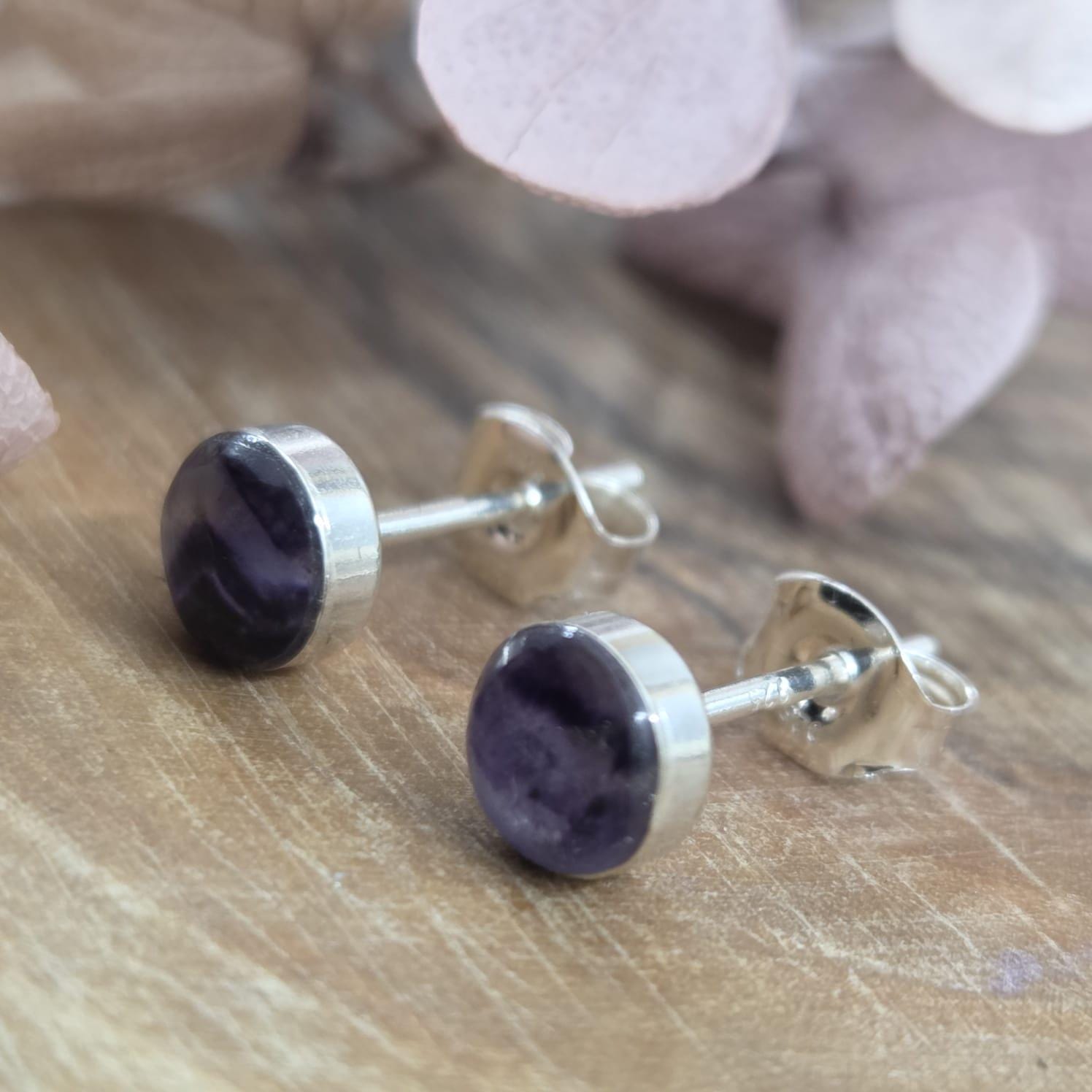 Blue John Stud Earrings: Handmade Sterling Silver Derbyshire Spar Jones Stones