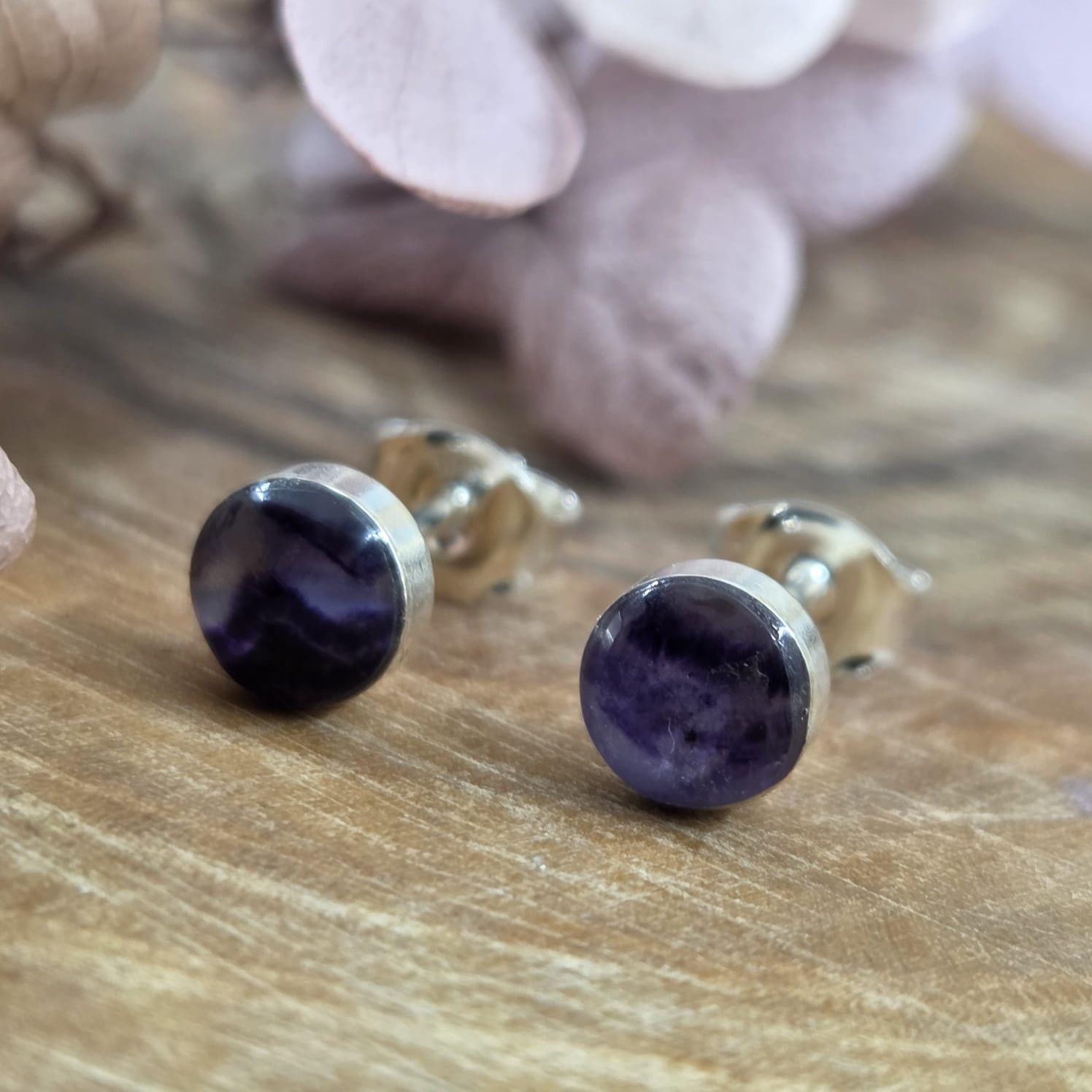 Blue John Stud Earrings: Handmade Sterling Silver Derbyshire Spar Jones Stones