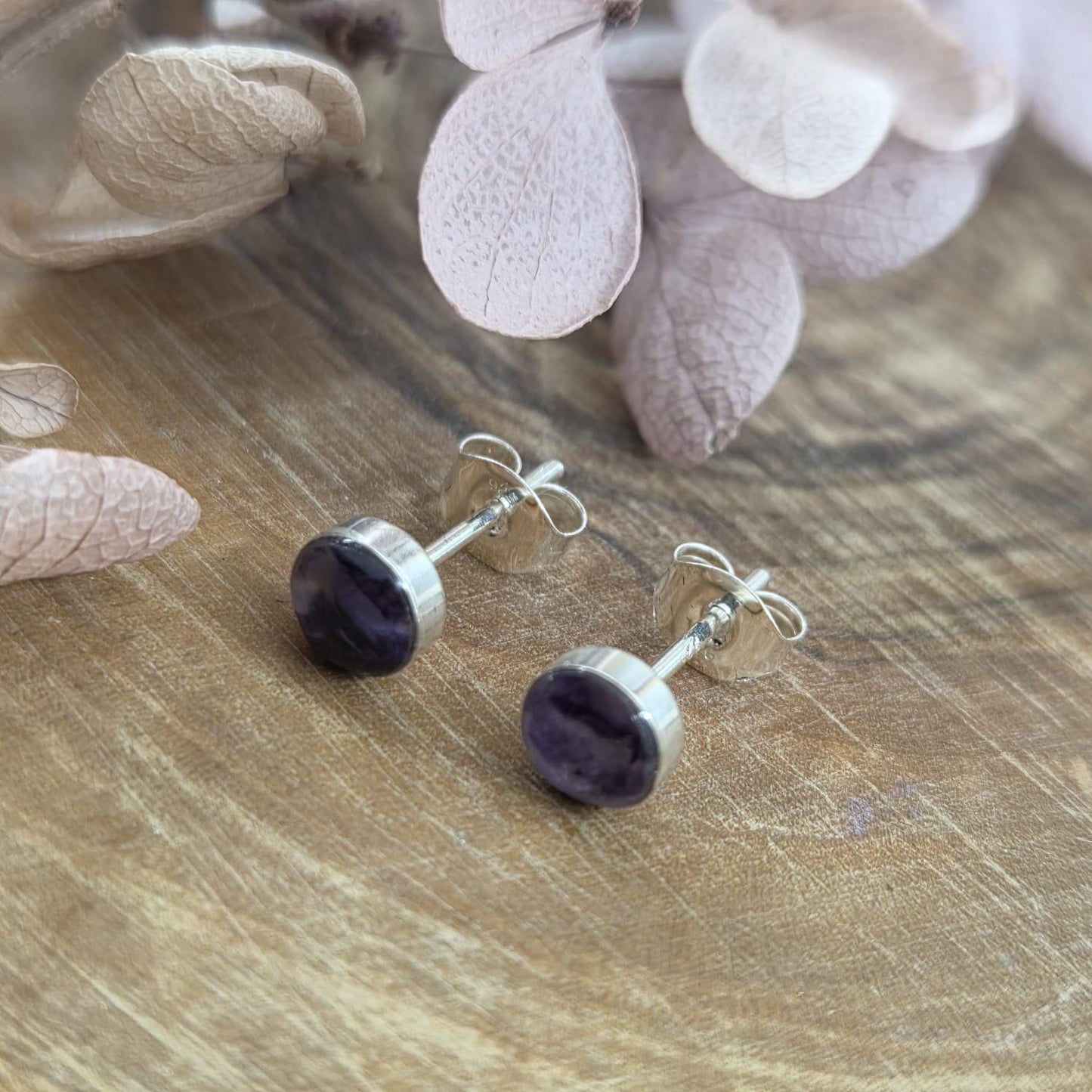 Blue John Stud Earrings: Handmade Sterling Silver Derbyshire Spar Jones Stones