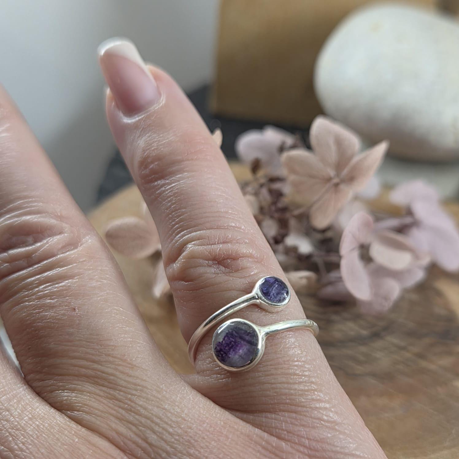 Sterling Silver Blue John Adjustable Ring: 6mm & 4mm Stones Jones Stones