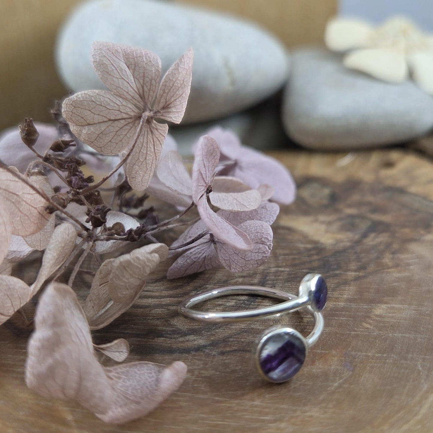 Sterling Silver Blue John Adjustable Ring: 6mm & 4mm Stones Jones Stones
