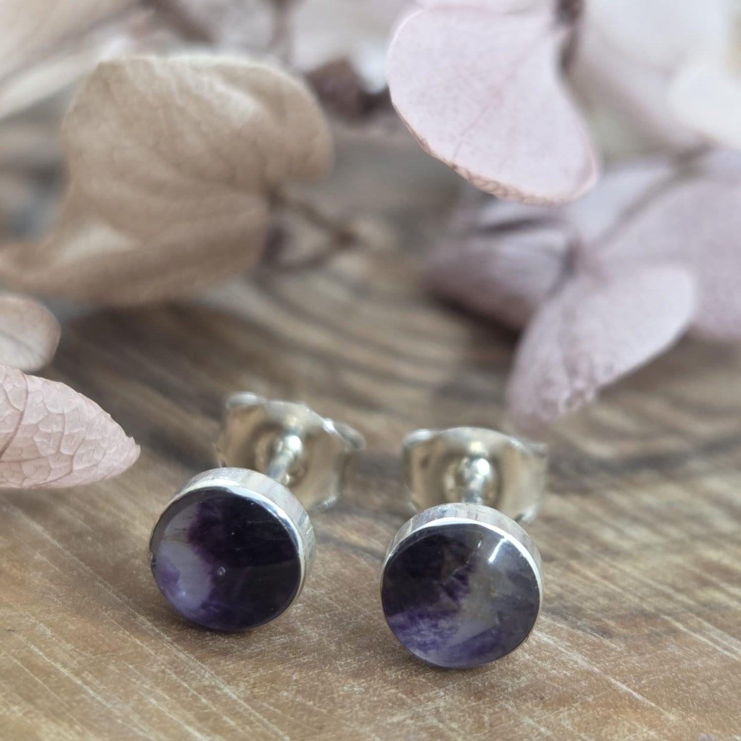 Blue John Stud Earrings: Handmade Sterling Silver Derbyshire Spar Jones Stones