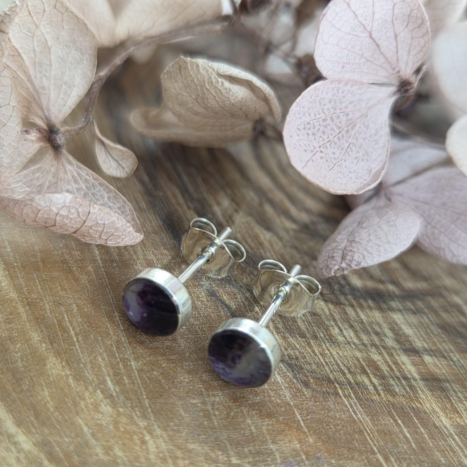 Blue John Stud Earrings: Handmade Sterling Silver Derbyshire Spar Jones Stones