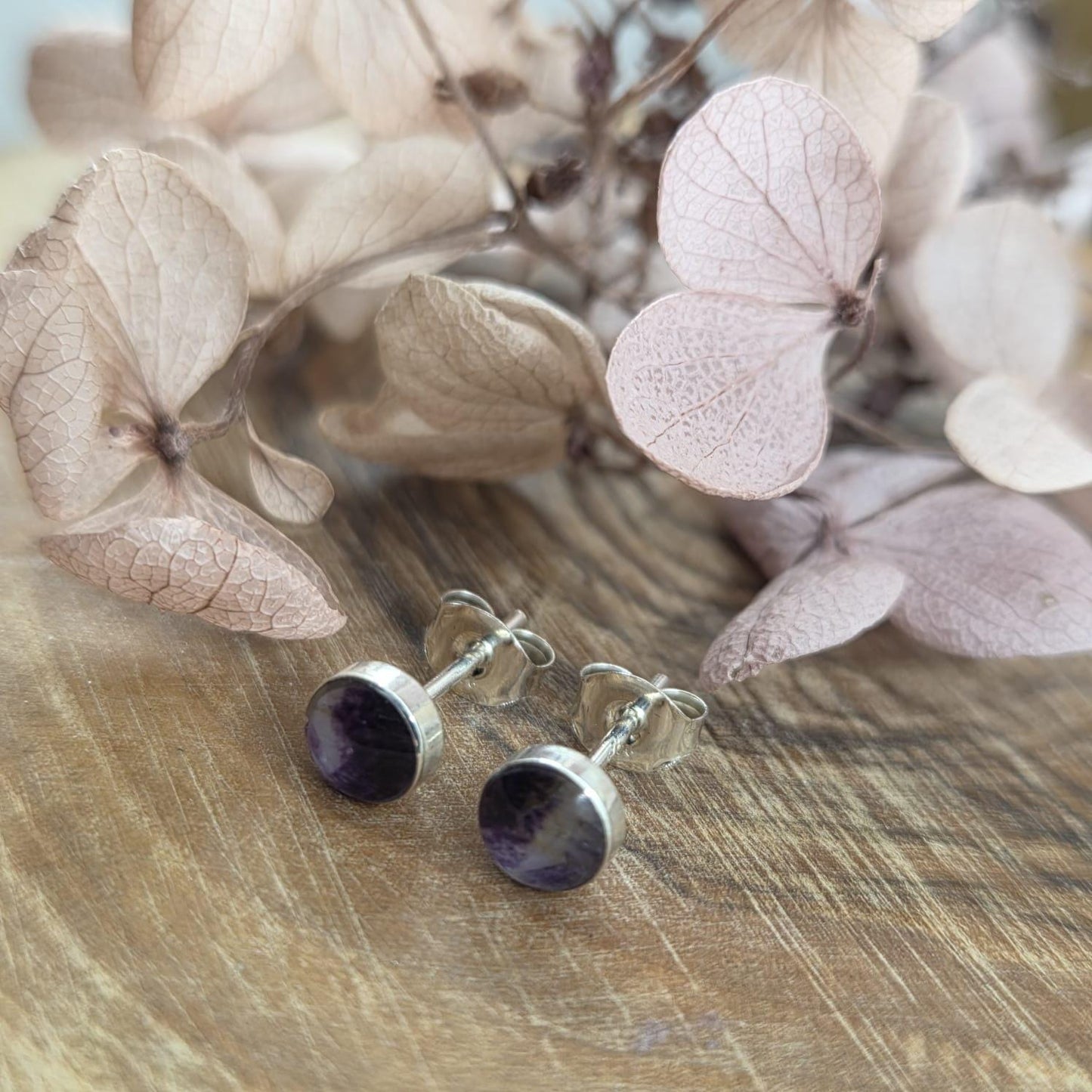 Blue John Stud Earrings: Handmade Sterling Silver Derbyshire Spar Jones Stones