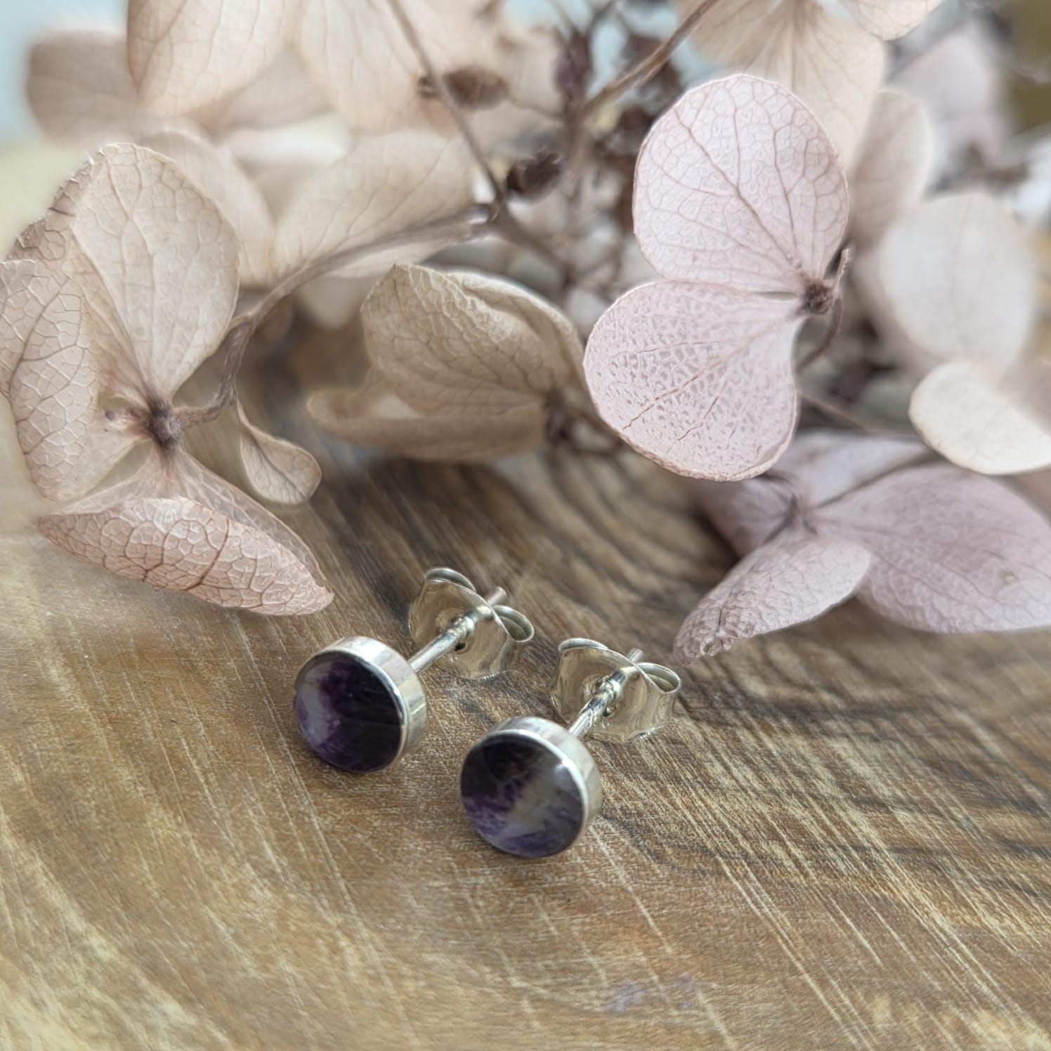 Blue John Stud Earrings: Handmade Sterling Silver Derbyshire Spar Jones Stones