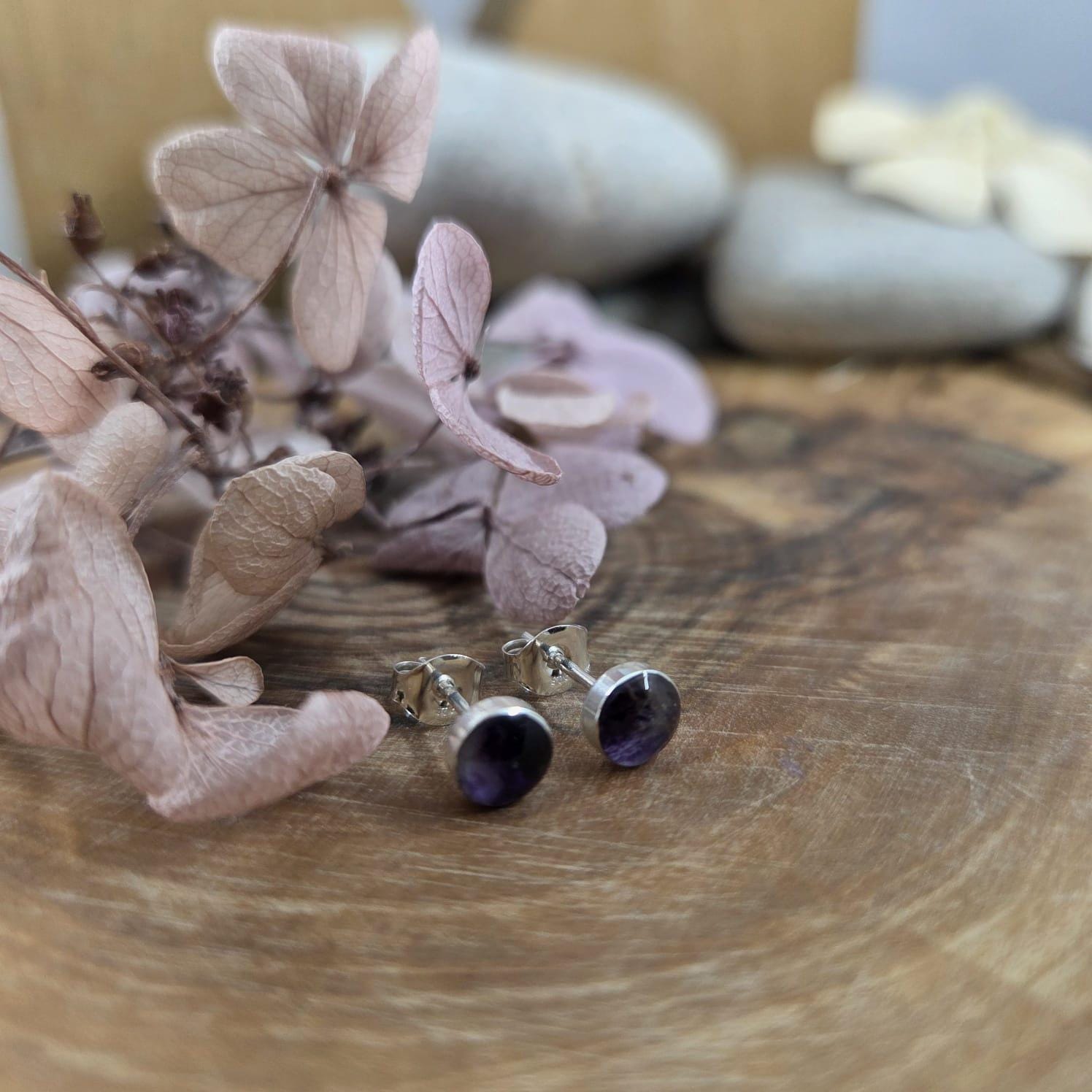 Blue John Stud Earrings: Handmade Sterling Silver Derbyshire Spar Jones Stones
