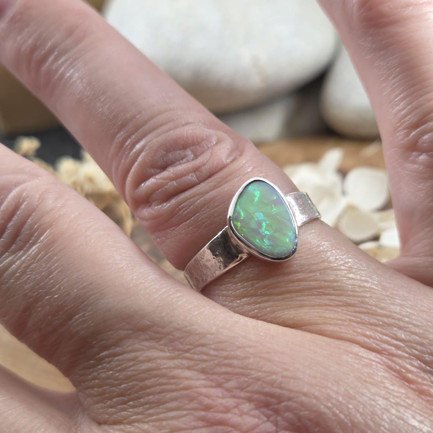 Handmade Australian Opal Ring: Sterling Silver, Size T Jones Stones
