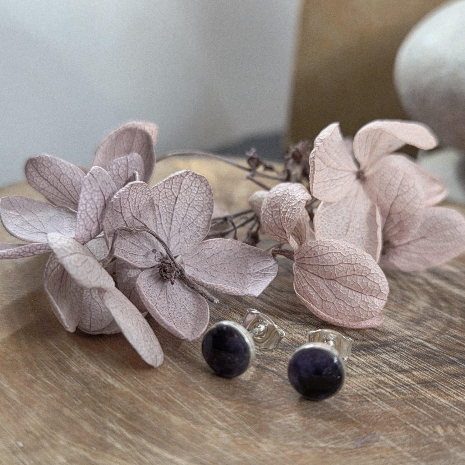 Handmade Blue John Stud Earrings: Sterling Silver, Derbyshire Stone Jones Stones