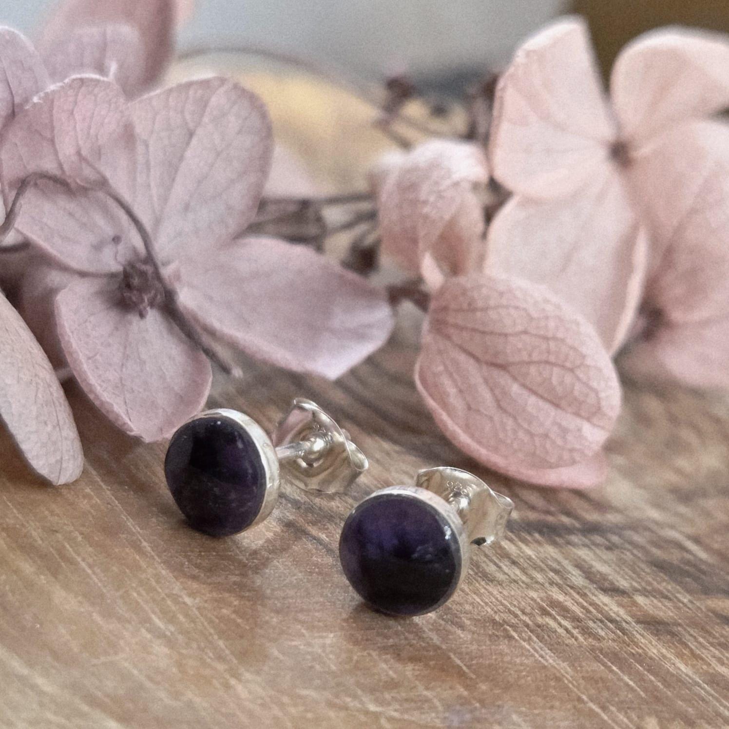 Handmade Blue John Stud Earrings: Sterling Silver, Derbyshire Stone Jones Stones