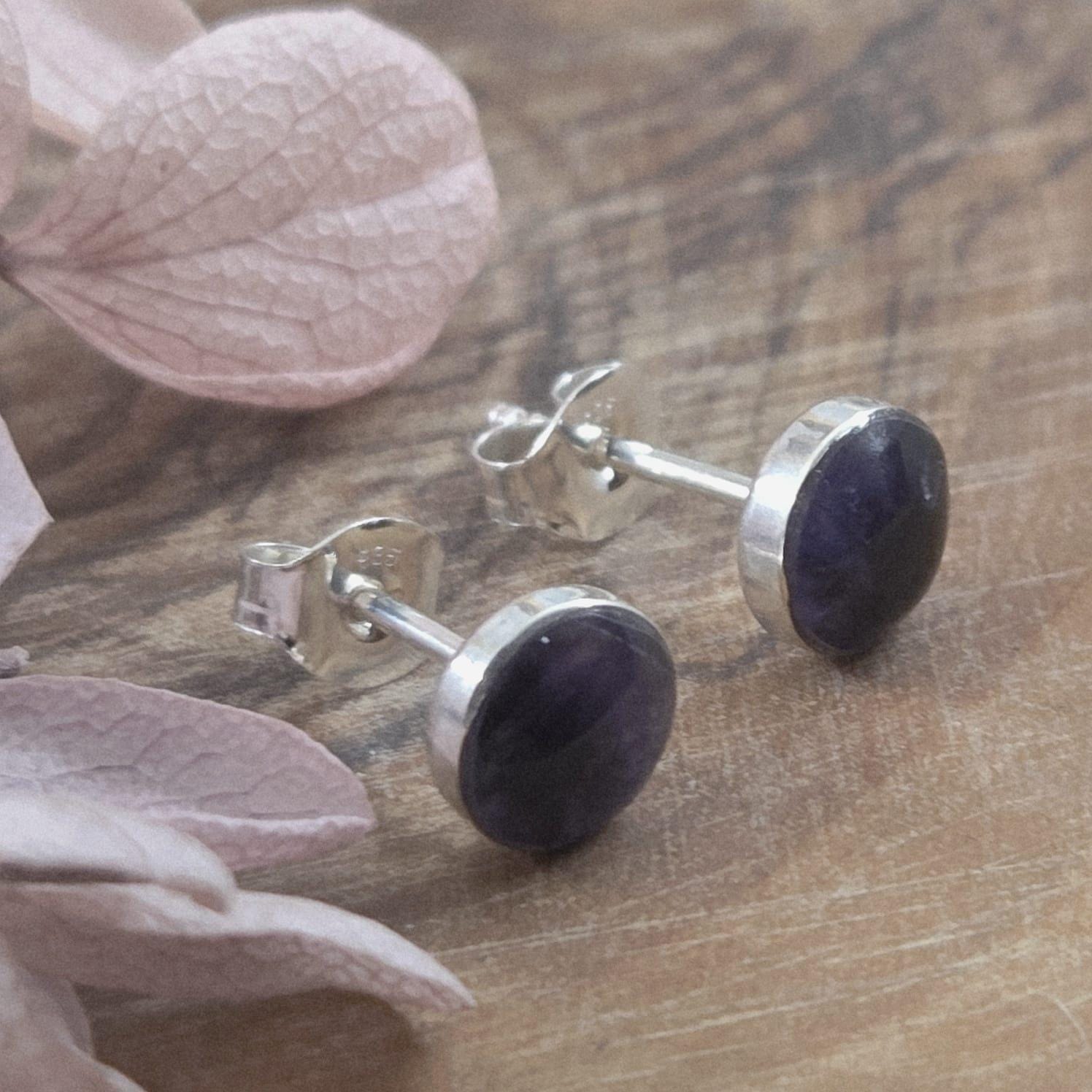 Handmade Blue John Stud Earrings: Sterling Silver, Derbyshire Stone Jones Stones