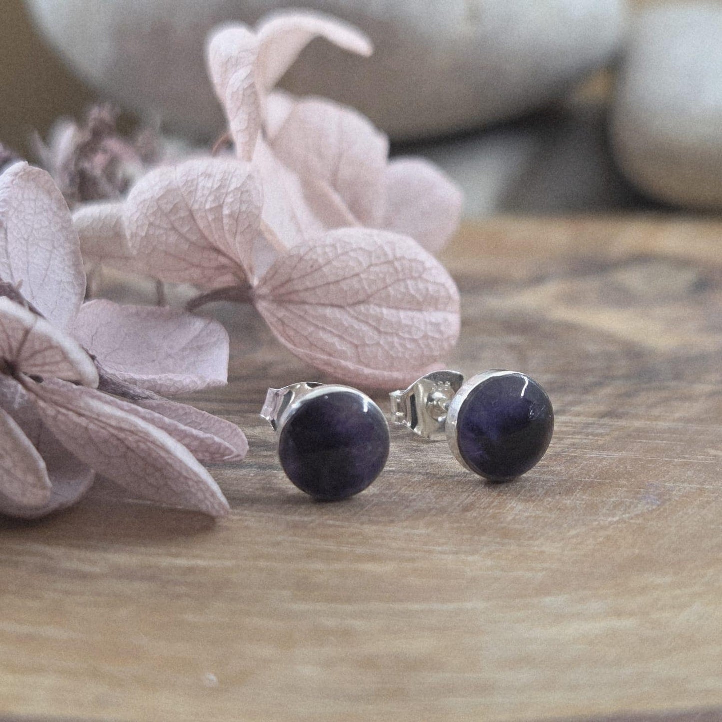 Handmade Blue John Stud Earrings: Sterling Silver, Derbyshire Stone Jones Stones