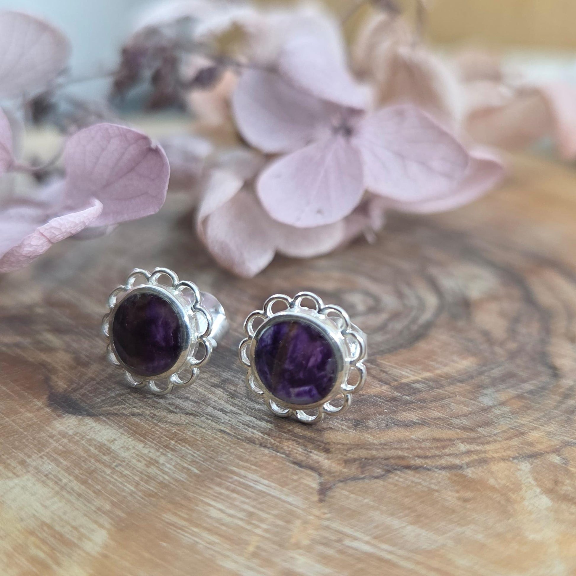 Blue John Stud Earrings: Sterling Silver, Handmade Derbyshire Jewellery Jones Stones