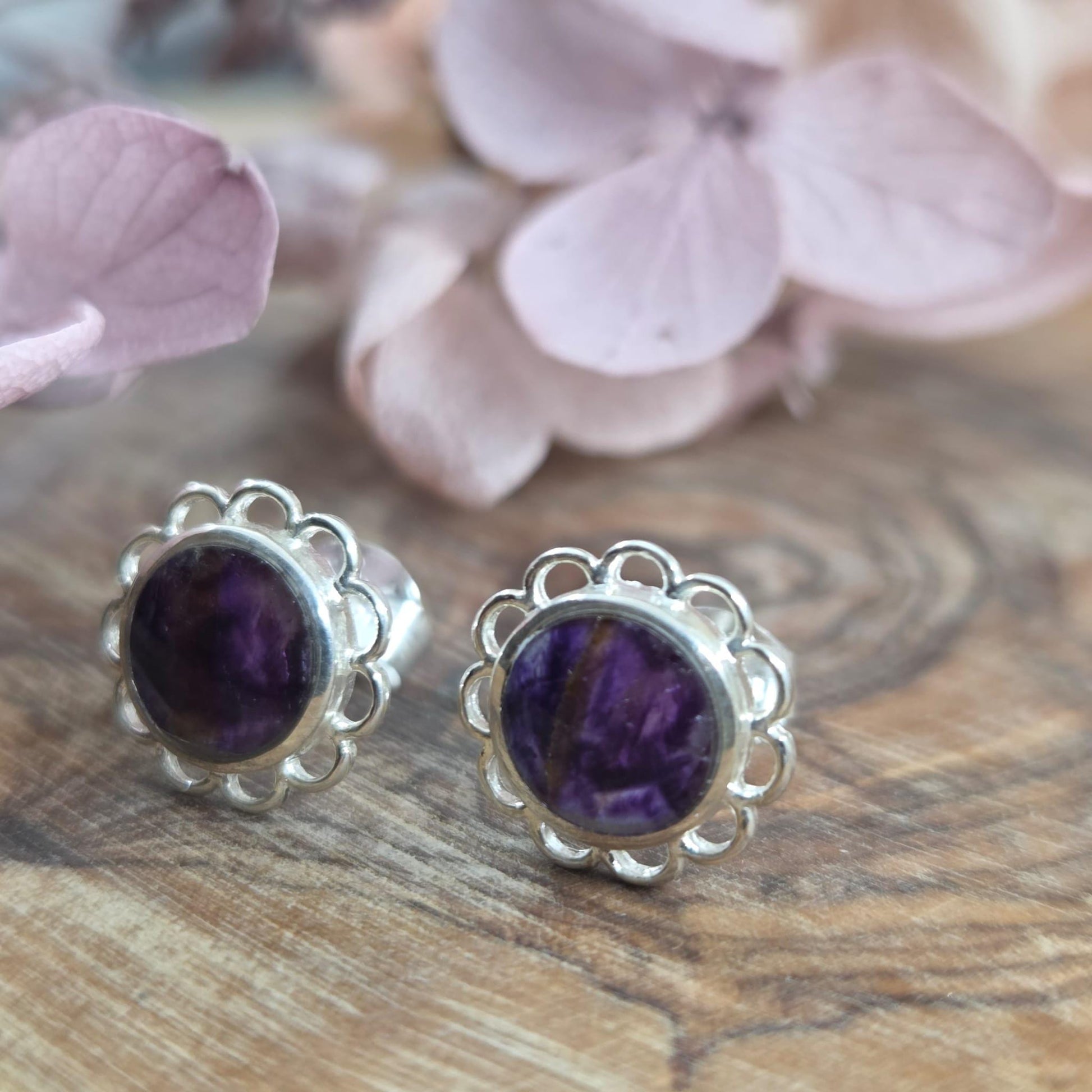 Blue John Stud Earrings: Sterling Silver, Handmade Derbyshire Jewellery Jones Stones