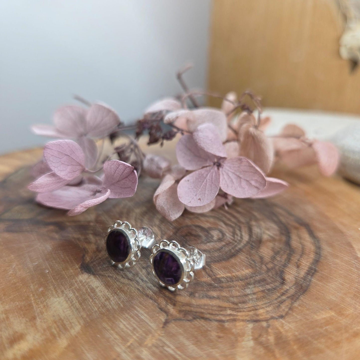 Blue John Stud Earrings: Sterling Silver, Handmade Derbyshire Jewellery Jones Stones