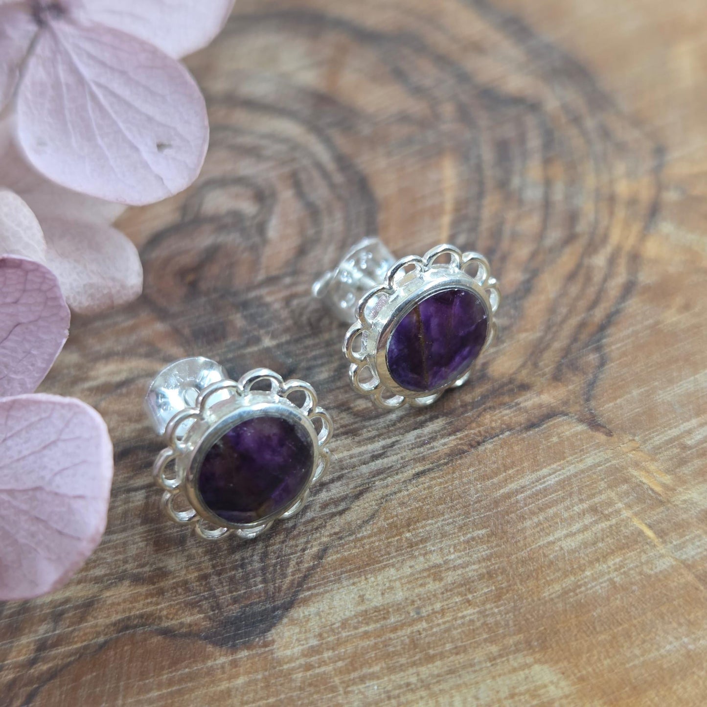 Blue John Stud Earrings: Sterling Silver, Handmade Derbyshire Jewellery Jones Stones