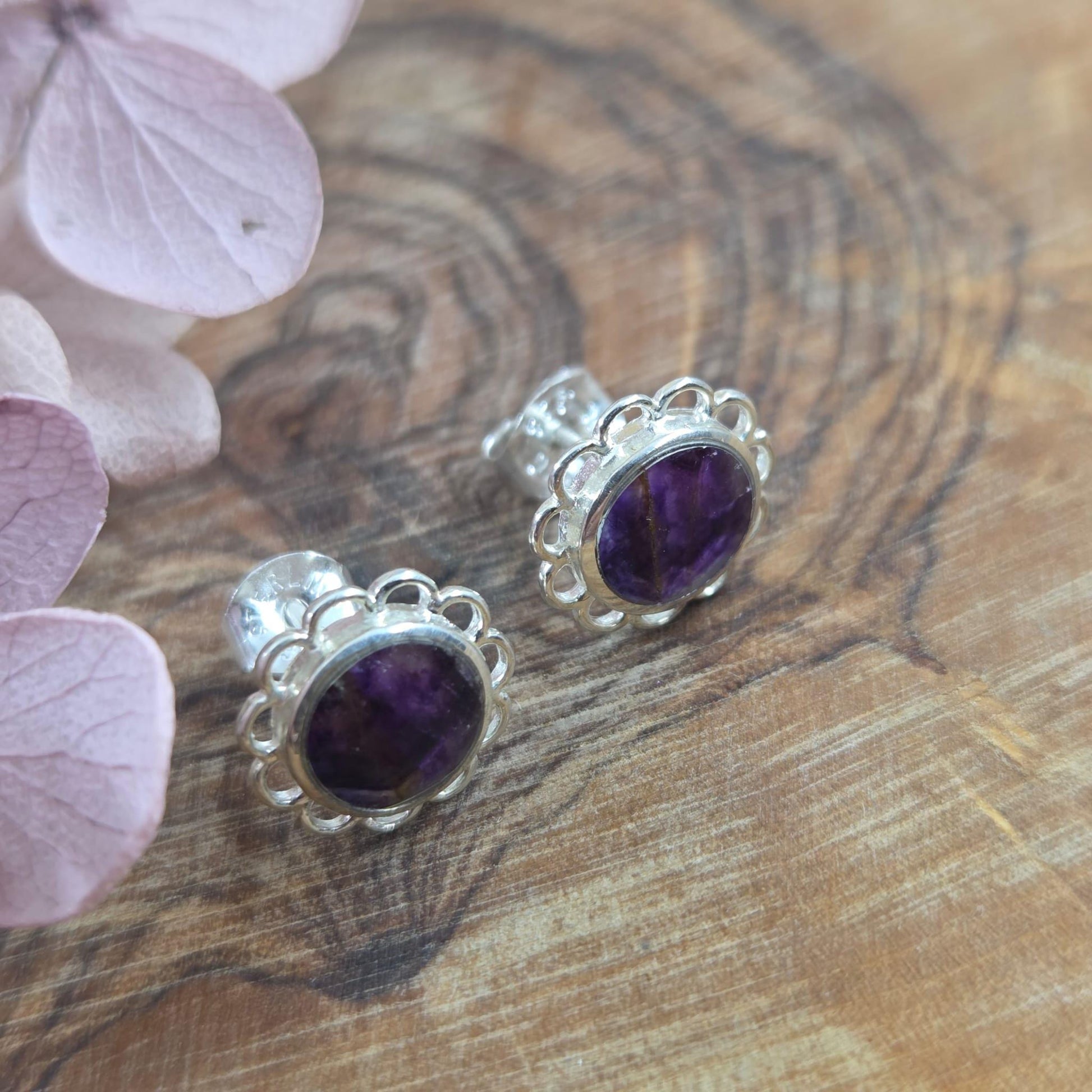 Blue John Stud Earrings: Sterling Silver, Handmade Derbyshire Jewellery Jones Stones