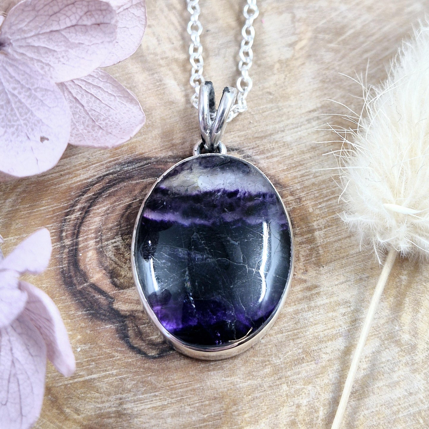 Blue John Sterling Silver Pendant: Oval Derbyshire Spar Necklace Jones Stones