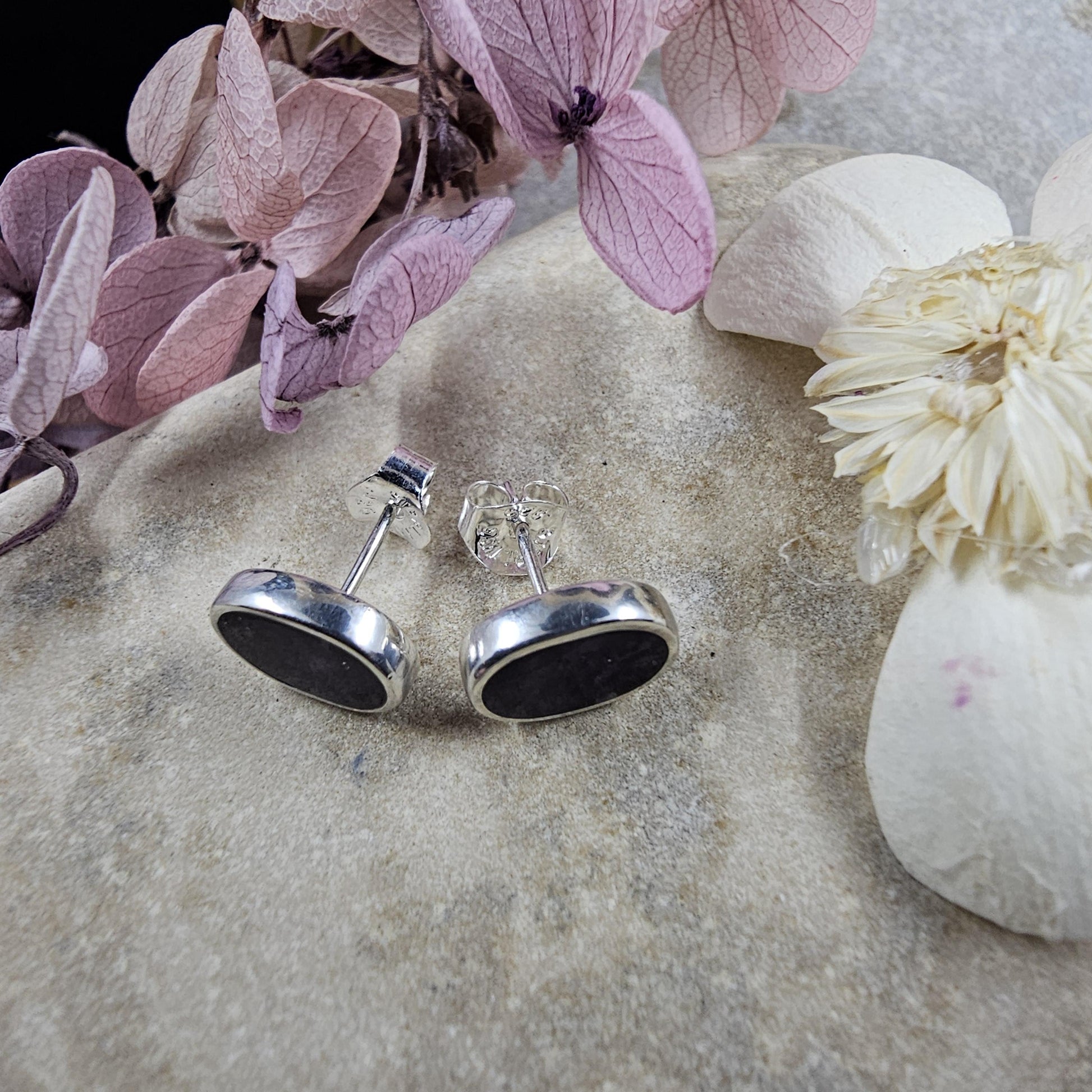 Handmade Whitby Jet Stud Earrings: Sterling Silver Oval Design Jones Stones