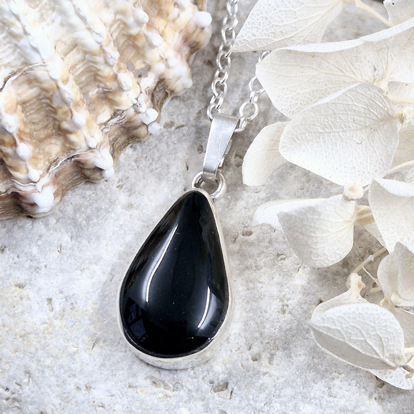 Whitby Jet Teardrop Pendant - Sterling Silver Celtic Necklace Jones Stones