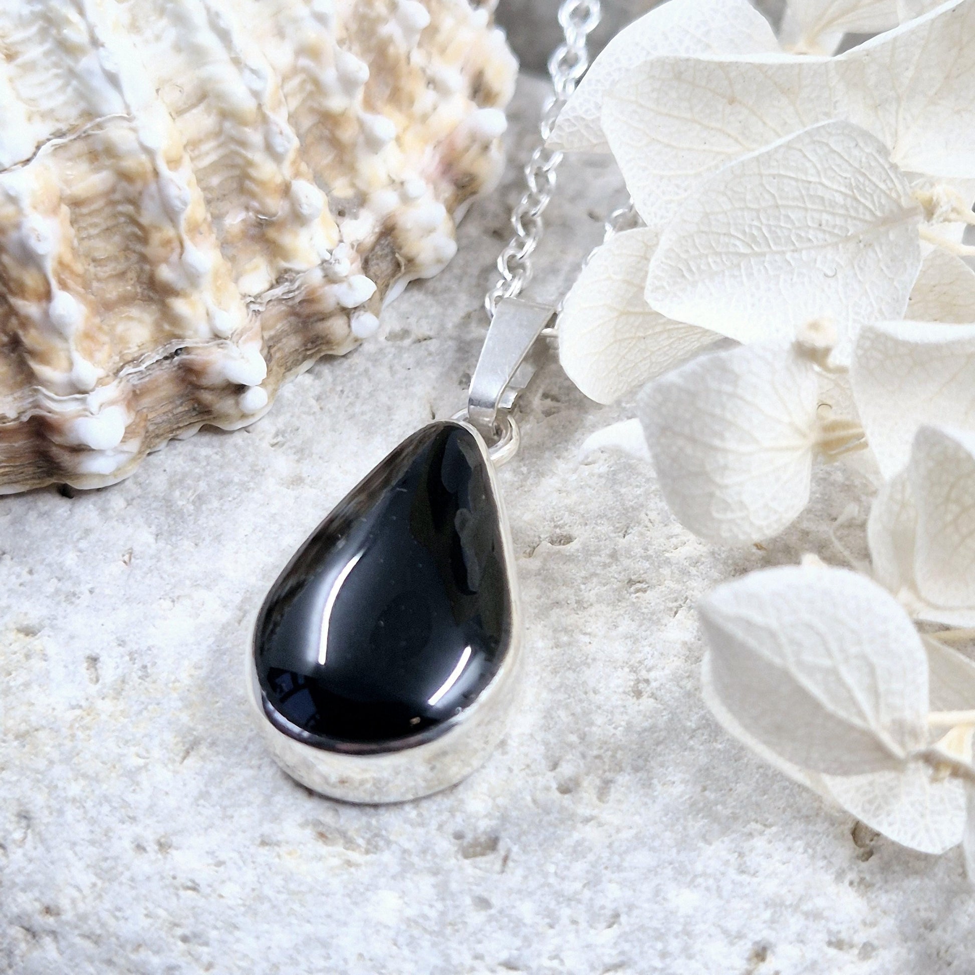 Whitby Jet Teardrop Pendant - Sterling Silver Celtic Necklace Jones Stones