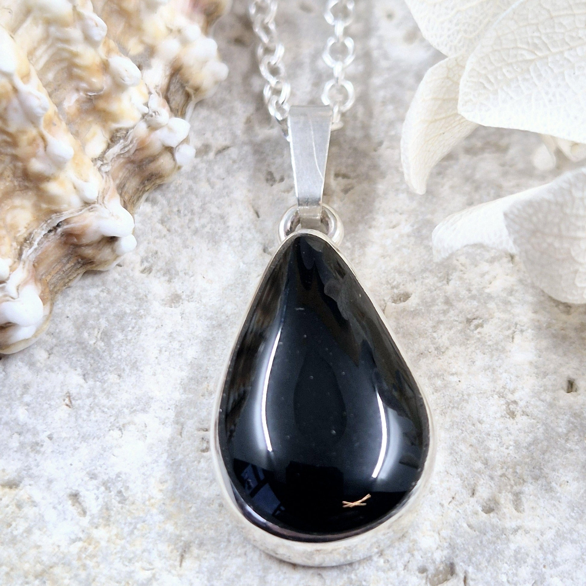 Whitby Jet Teardrop Pendant - Sterling Silver Celtic Necklace Jones Stones