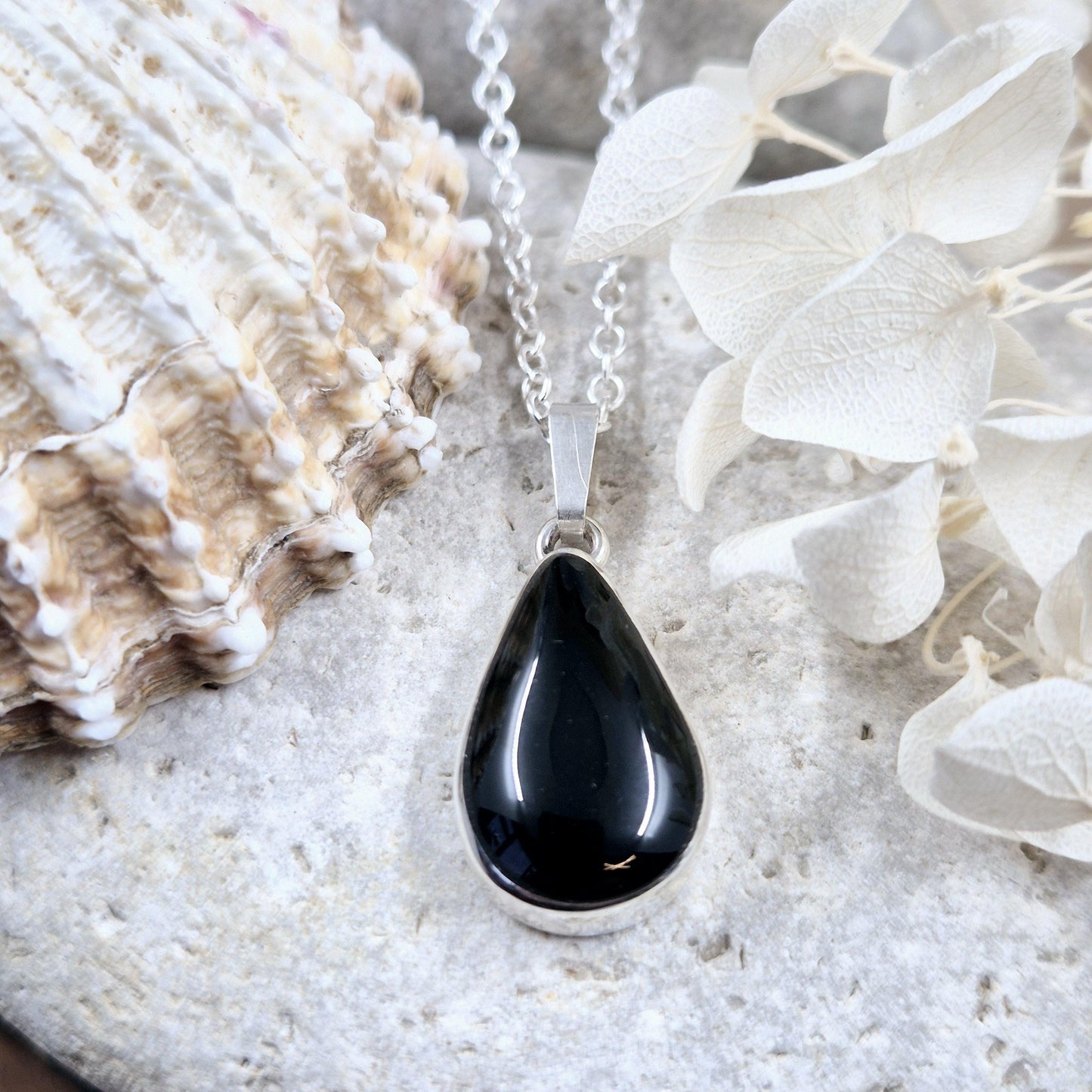 Whitby Jet Teardrop Pendant - Sterling Silver Celtic Necklace Jones Stones