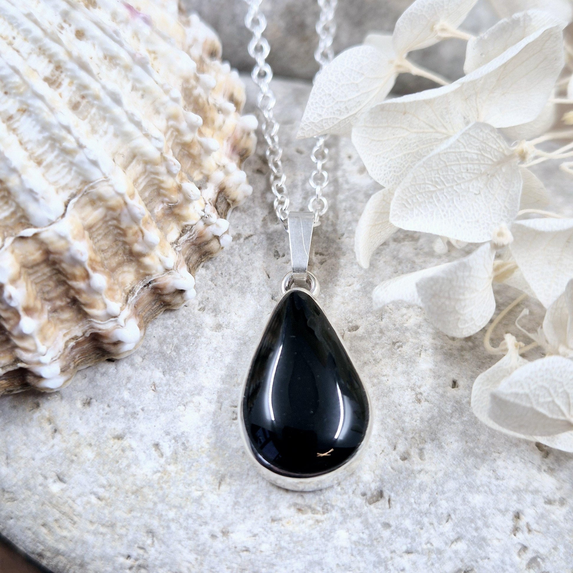 Whitby Jet Teardrop Pendant - Sterling Silver Celtic Necklace Jones Stones