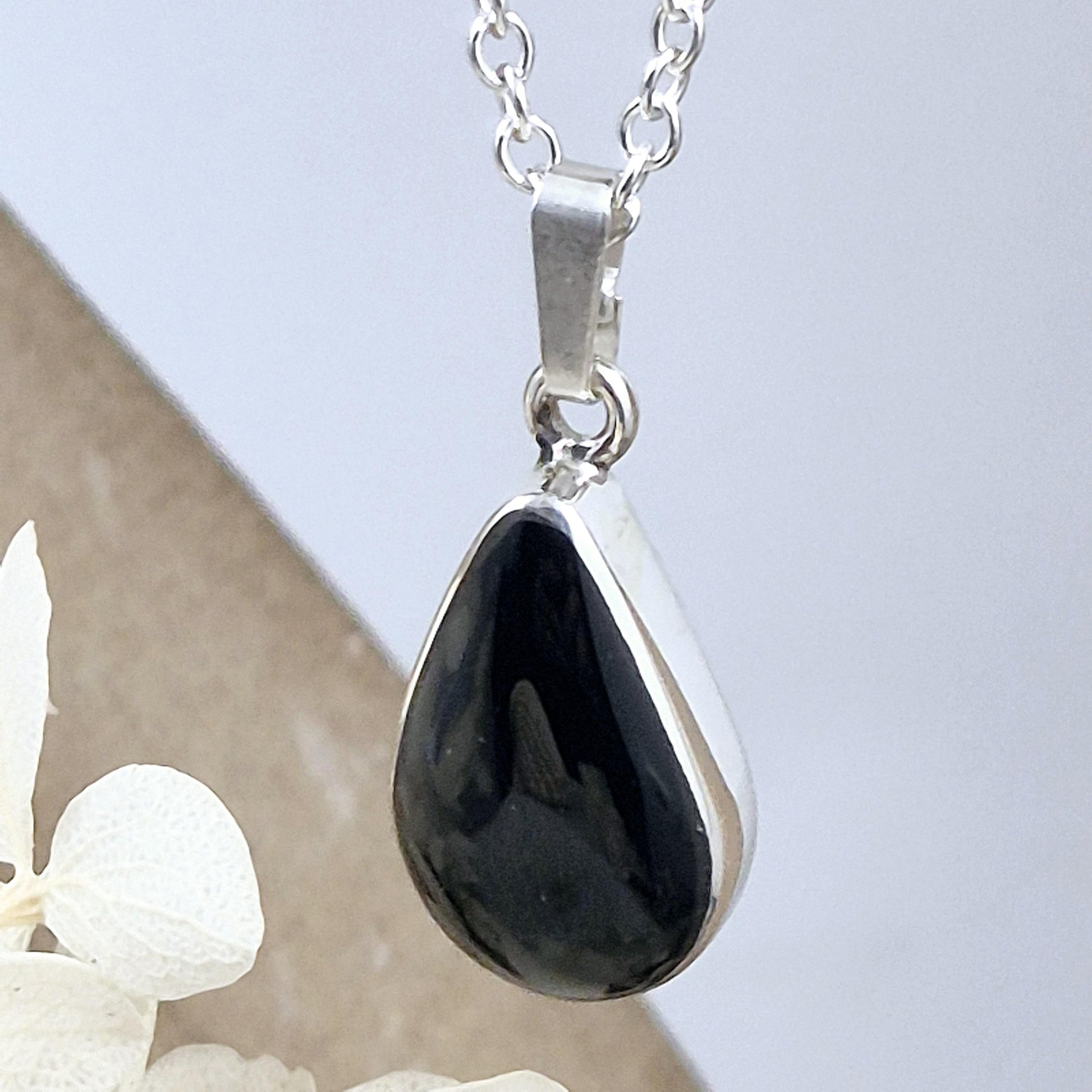 Whitby Jet Teardrop Pendant - Sterling Silver Celtic Necklace Jones Stones
