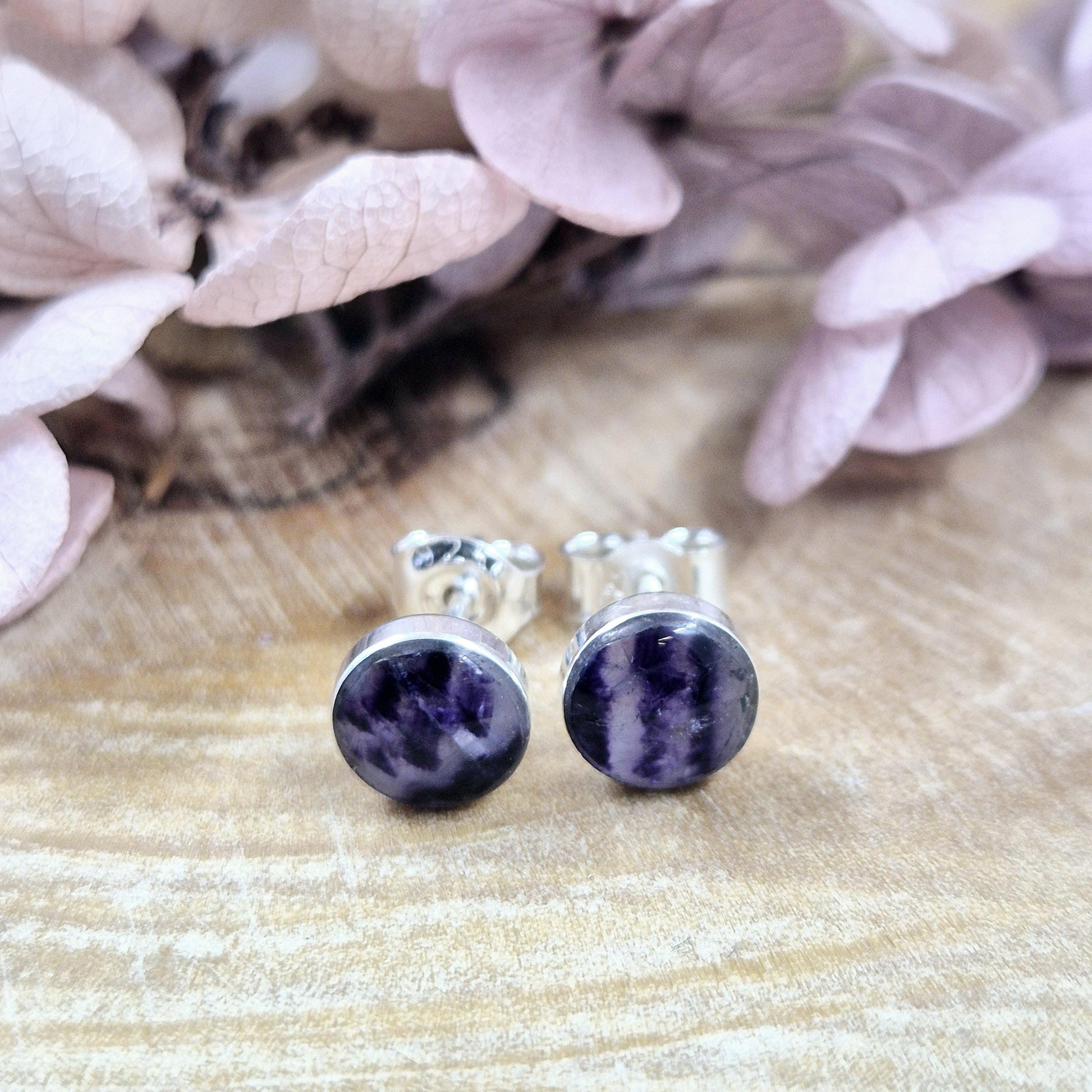 Blue John Stud Earrings: Handmade Sterling Silver 6mm Derbyshire Spar Jones Stones