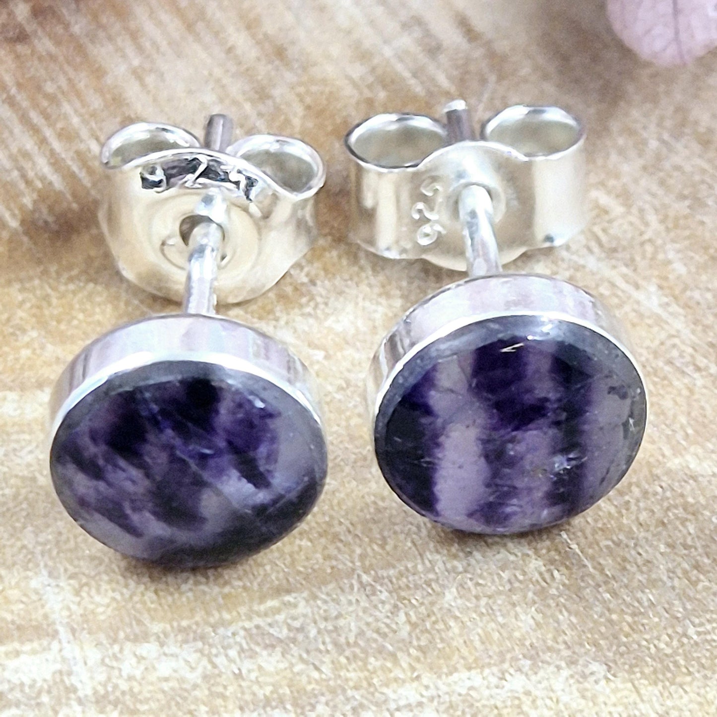Blue John Stud Earrings: Handmade Sterling Silver 6mm Derbyshire Spar Jones Stones